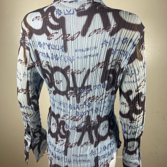Vintage sheer printed all over print long sleeve collard bratz y2k blue L - Picture 3 of 5